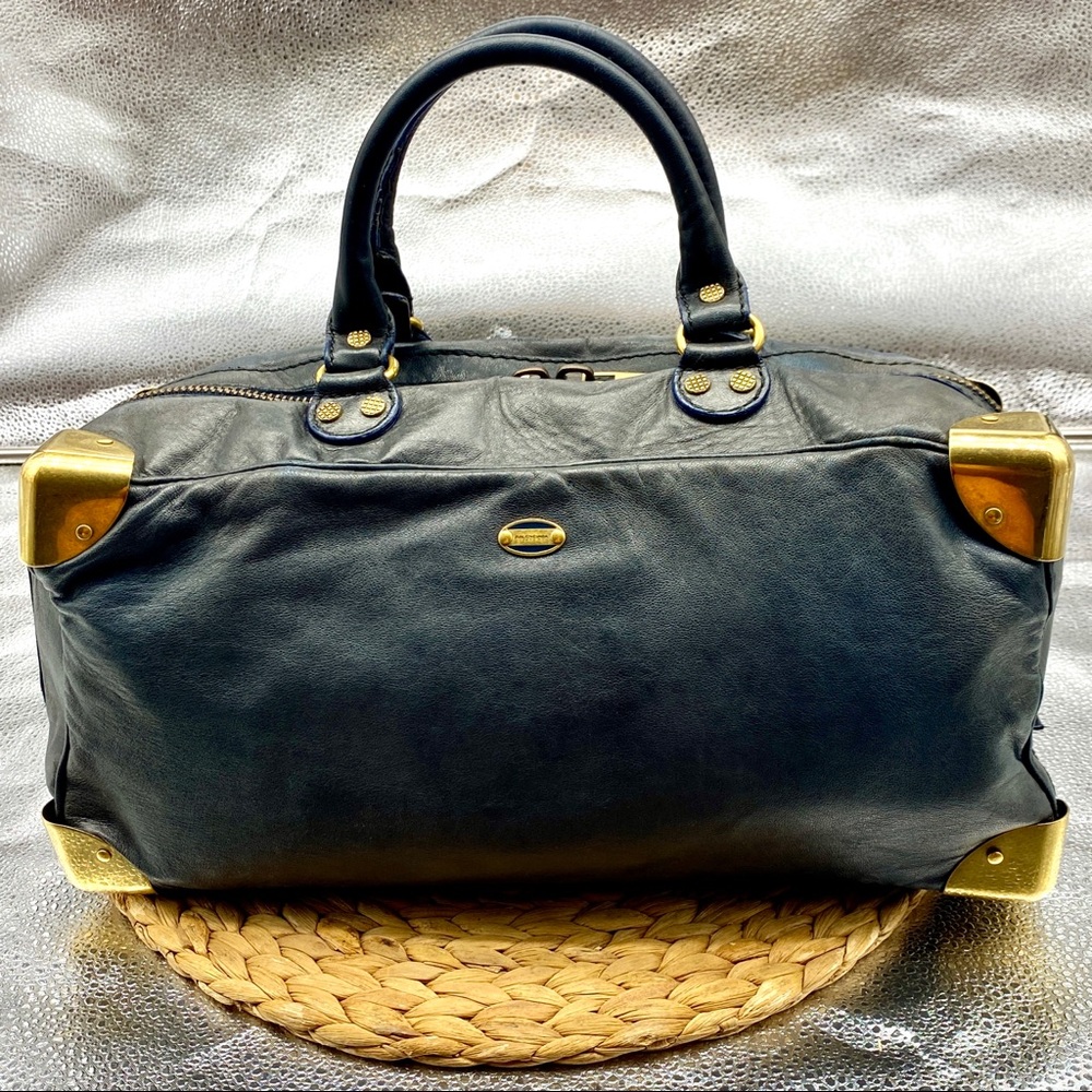 BALENCIAGA BLACK LEATHER GOLD METAL CORNER SATCHEL LARGE HAND BAG VINTAGE AUTHEN